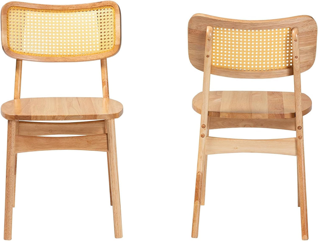 Baxton Studio Tadeo Mid-Century Modern Oak Brown Finished Wood and Rattan 2-Piece Dining Chair Set