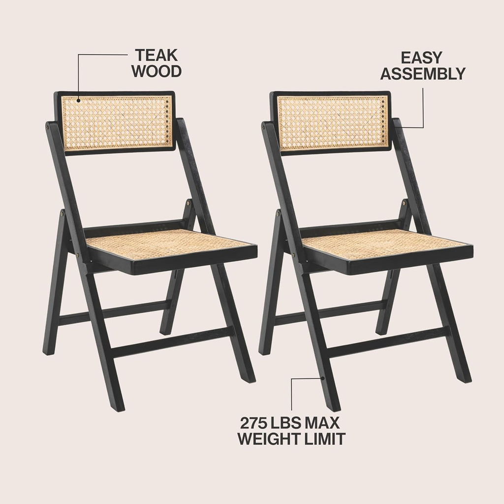 JONATHAN Y Mid-Century Vintage Wood Rattan Folding Chair, Foldable Dining Accent Seat for Living Room, Set of 2, Black (FLD1000C-SET2)