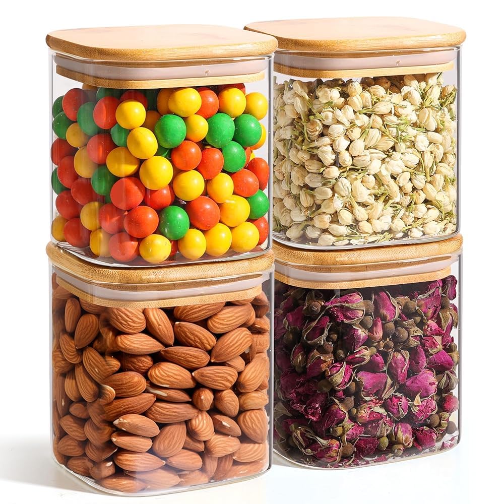 ComSaf 1.2 Qt Glass Storage Containers with Lids, Glass Jars with Lids, Clear Food Storage Jar, Square Canister Set of 9, Pantry Organizers and Storage for Cookie Flour Oat Pasta Tea Coffee Bean