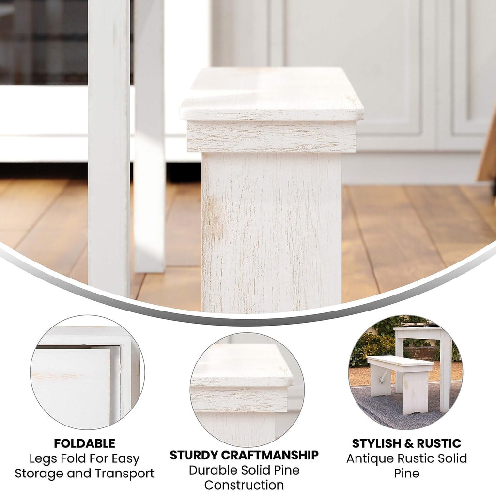 Flash Furniture HERCULES Series 40" x 12" Antique Rustic White Solid Pine Folding Farm Bench