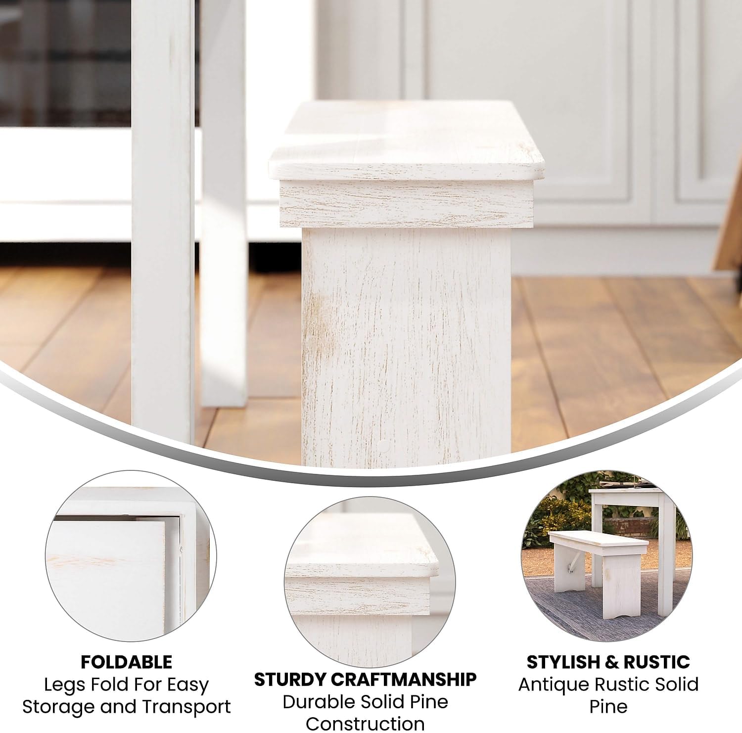 Flash Furniture HERCULES Series 40" x 12" Antique Rustic White Solid Pine Folding Farm Bench