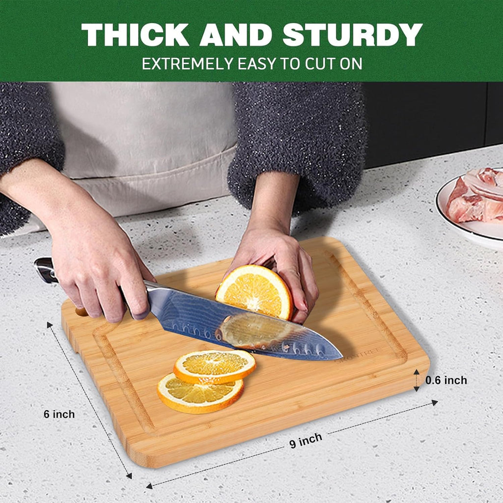 Small Bamboo Cutting Boards for Kitchen, Cutting Board with Handle, Juice Groove for Fruits Chopping, Mini Lightweight 9"L x 6"W