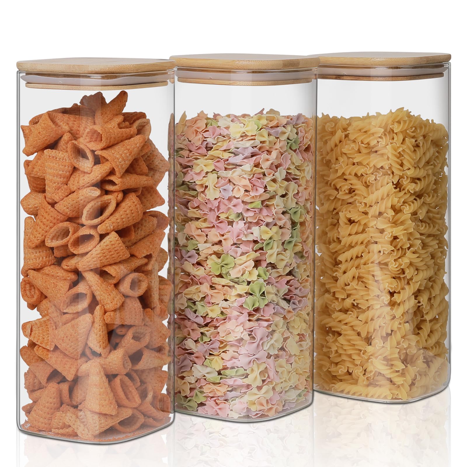 Glass Food Storage Jars 37 oz Set of 6,Glass Storage Containers Clear Glass Food Canister with Bamboo Lid Airtight For Serving Tea, Coffee, Flour, Sugar, Candy, Cookie, Spice and More (Square)