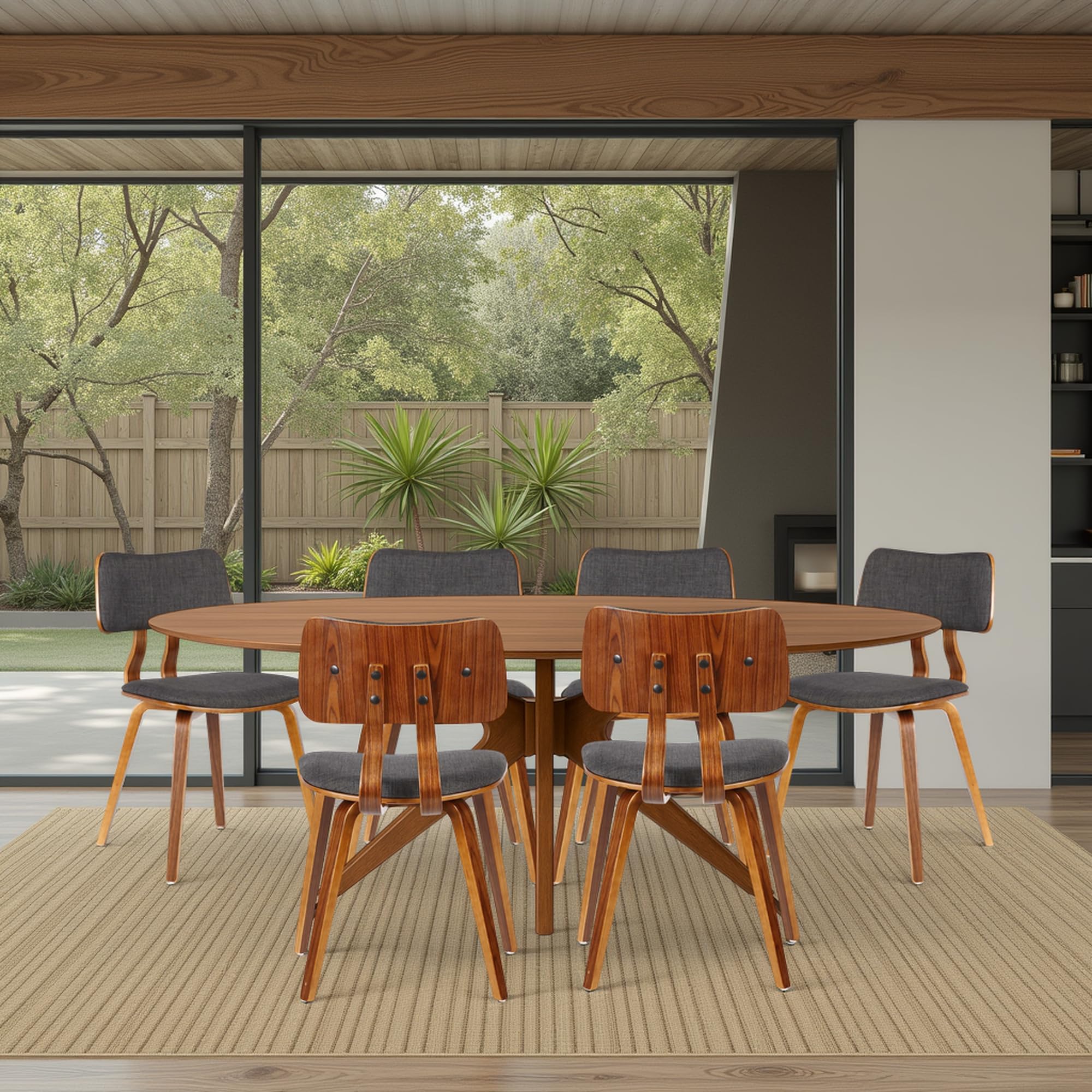Armen Living Jaguar Mid-Century Dining Chair in Walnut Wood and Green Fabric