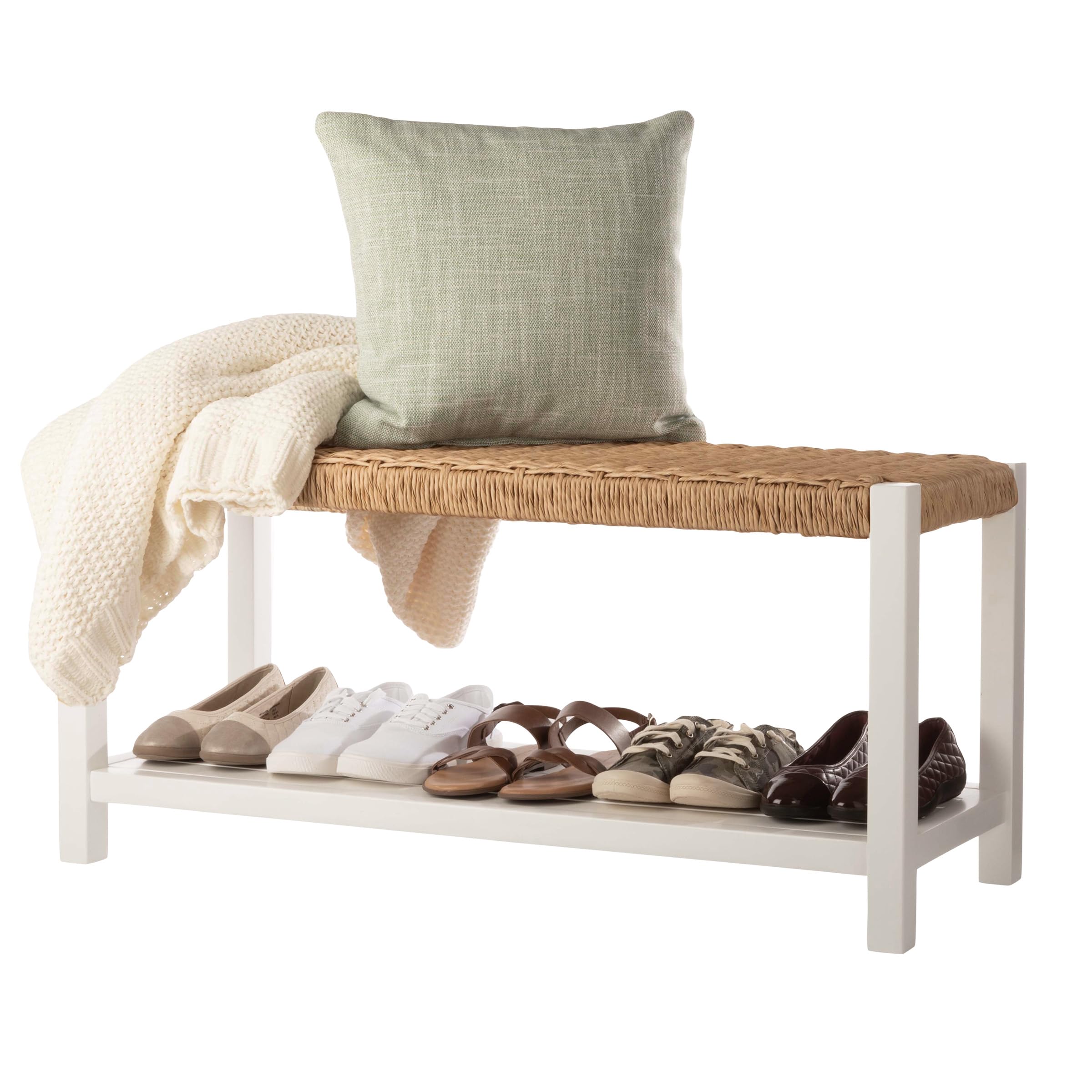Alaterre Furniture Newport 40 Inch Solid Wood Entryway Bench - Modern Farmhouse Indoor Decorative Bench with Handcrafted Woven Rope Seat - Furniture for Entryway, Dining Room, or Kitchen (White)