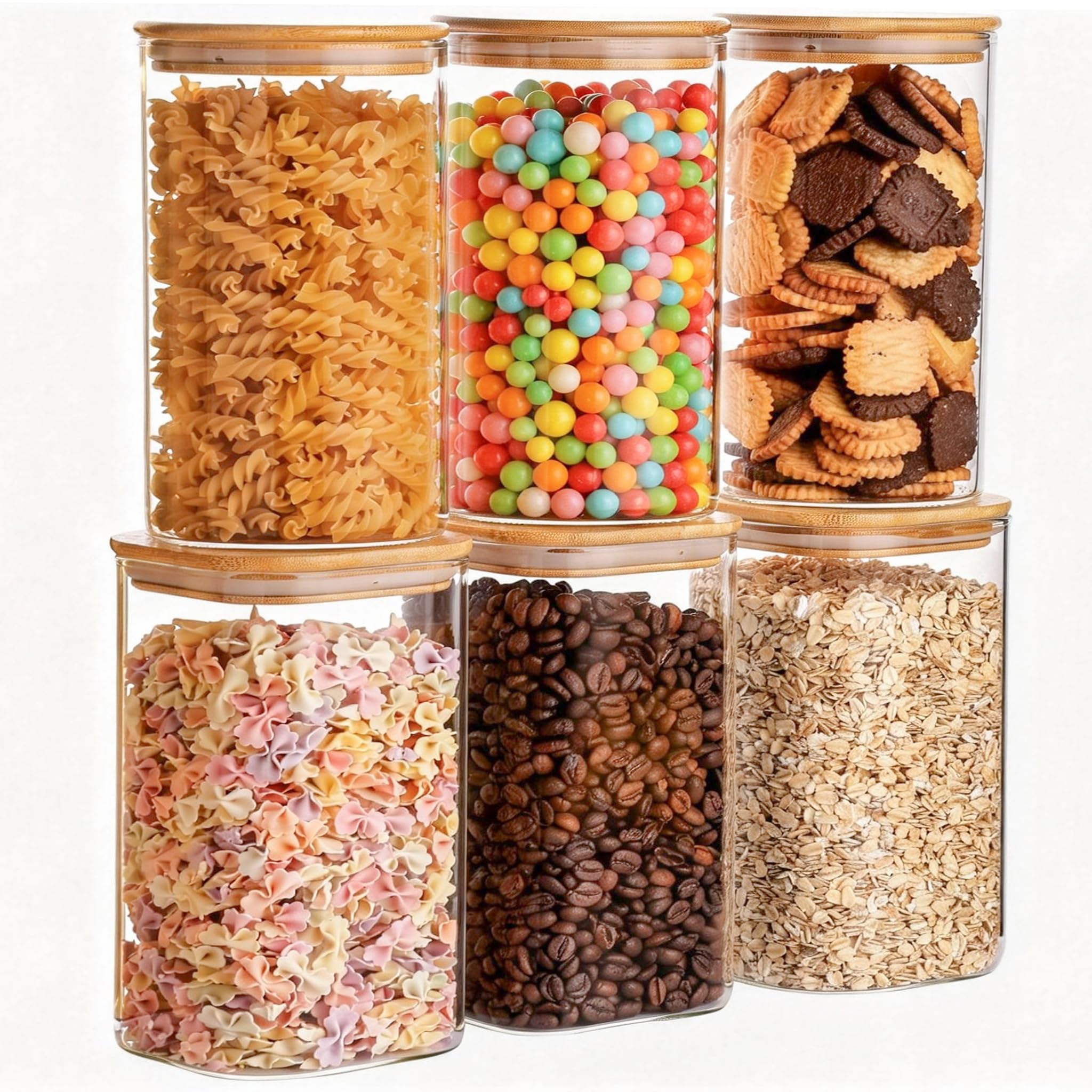 YUNCANG Glass Storage Jars 6 Pack 37oz Clear Glass Food Storage Containers with Airtight Bamboo Lid Stackable Kitchen Canisters for Candy,Cookie,Rice,Sugar,Flour,Pasta,Nuts and Spice Jars(Square)