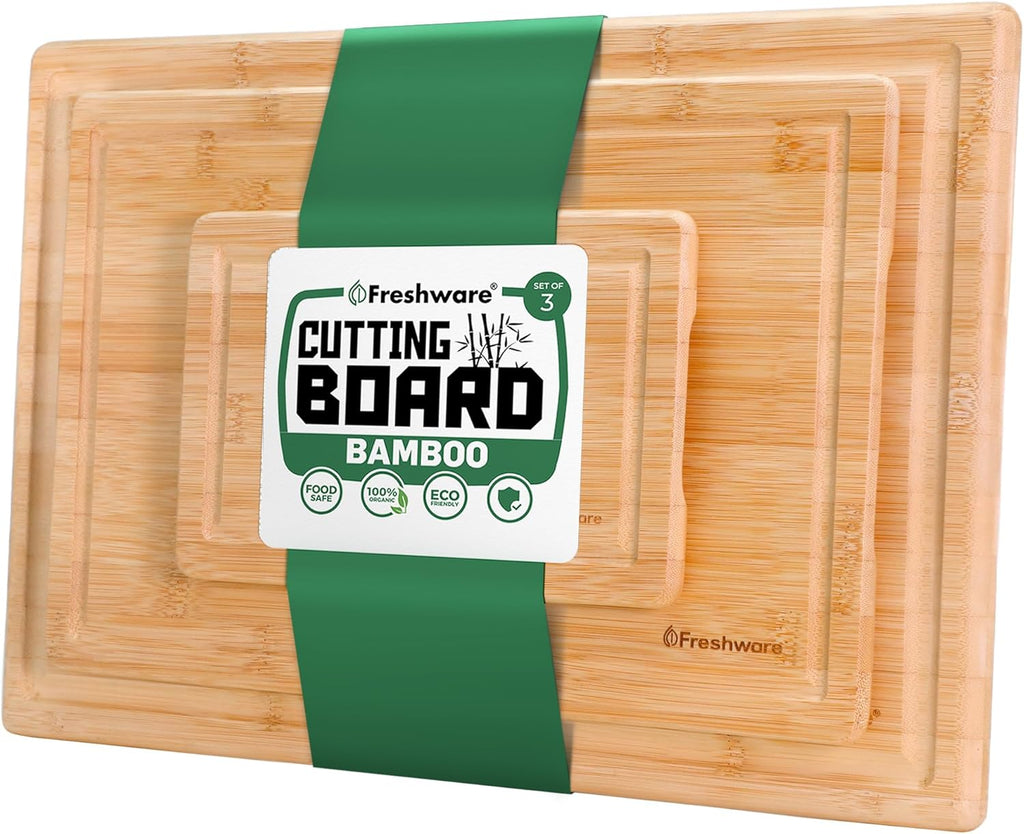 Freshware Wood Cutting Boards for Kitchen - Bamboo Cutting Board Set of 3, Cutting Boards with Juice Grooves, Serving Board Set, Chopping Board for Meat, Veggie, Easy Grip Handle (9x6", 12x8", 15x10")