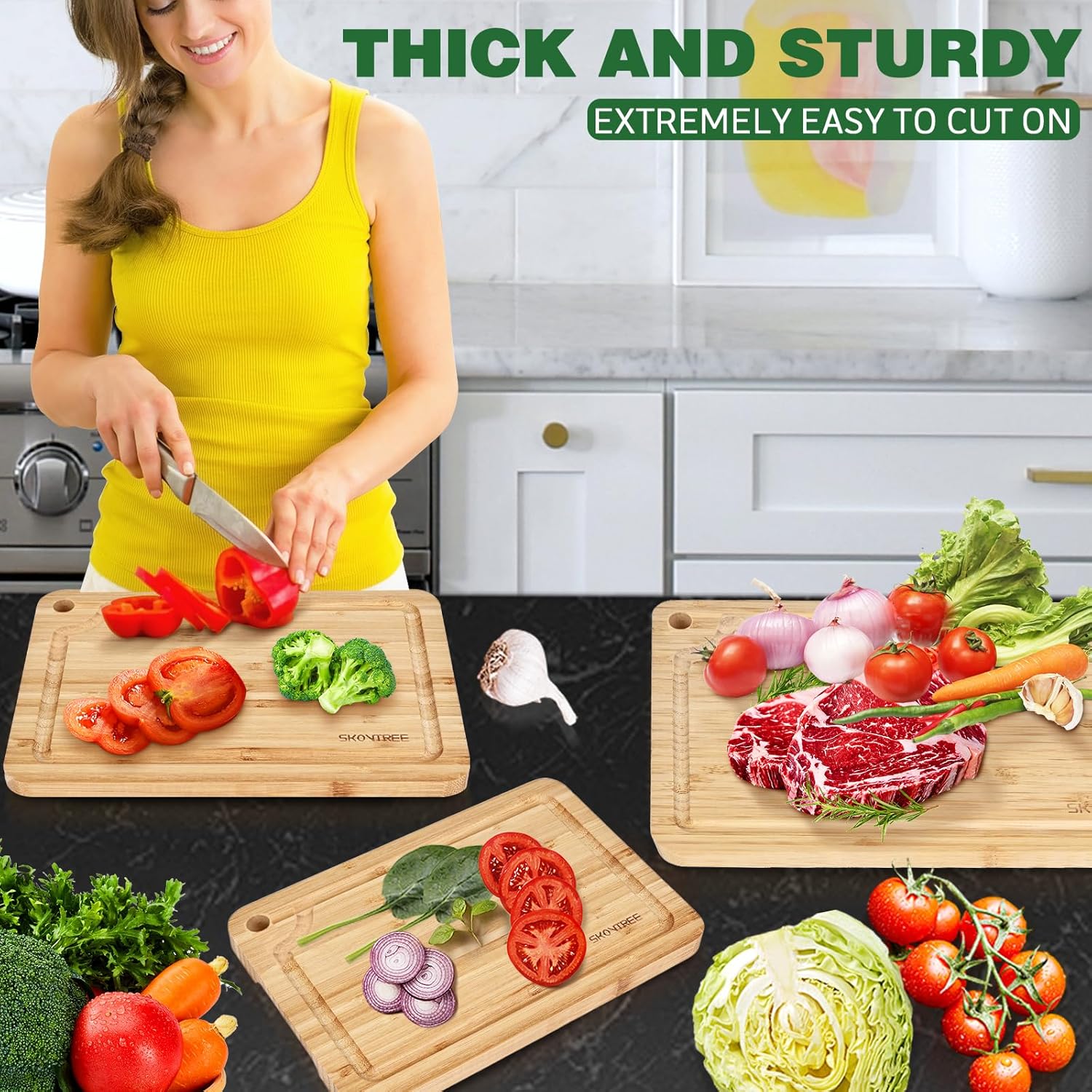 Small Bamboo Cutting Boards for Kitchen, Cutting Board with Handle, Juice Groove for Fruits Chopping, Mini Lightweight 9"L x 6"W