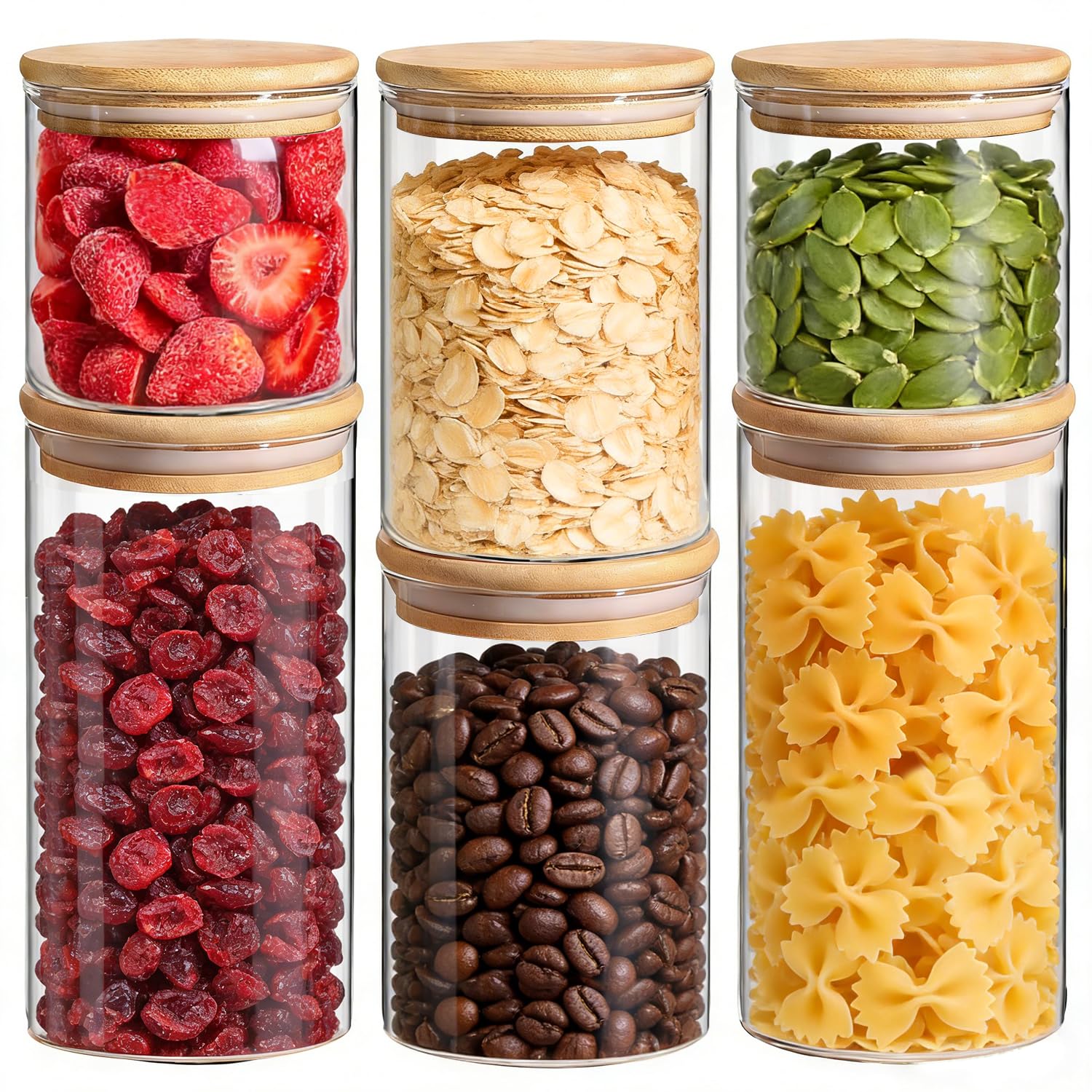 ComSaf Glass Food Storage Jars Set of 6, Tall Glass Storage Containers with Lids, Spaghetti Jar, Canisters Set for the kitchen, Pasta, Flour, Nuts, Oat, Coffee and Sugar Container, Pantry Organization