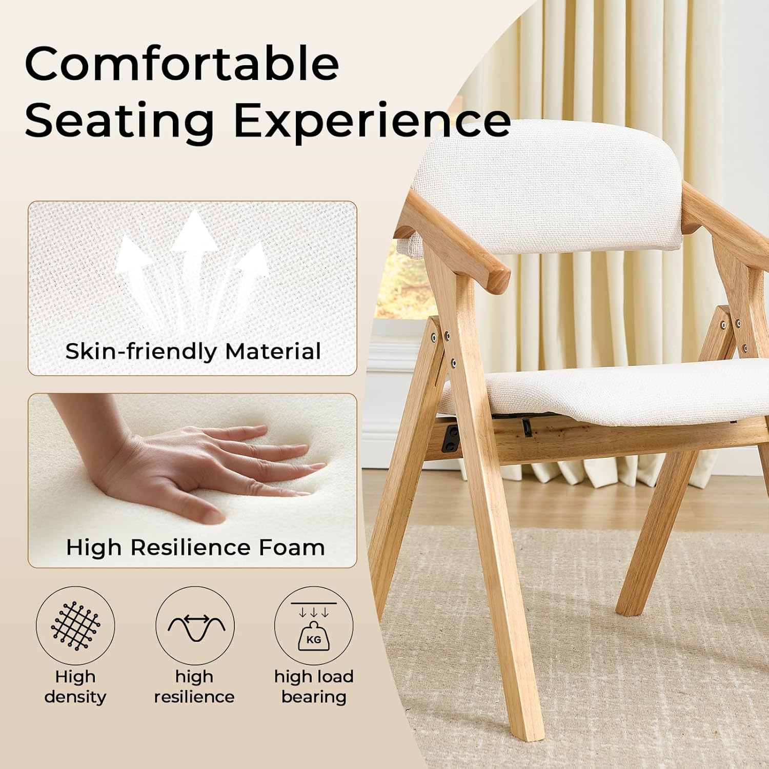 Folding Chairs with Padded Seats,Wooden Stackable Dining Chair,Easy to Store Foldable Dining Chairs for Kitchen, Living Room, Wedding Party Picnic (White)