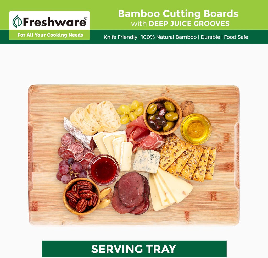 Freshware Wood Cutting Boards for Kitchen - Bamboo Cutting Board Set of 3, Cutting Boards with Juice Grooves, Serving Board Set, Chopping Board for Meat, Veggie, Easy Grip Handle (9x6", 12x8", 15x10")