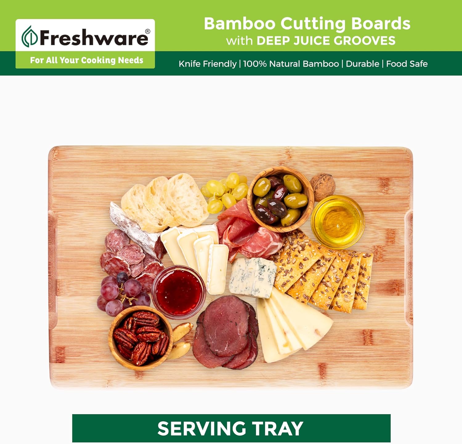 Freshware Wood Cutting Boards for Kitchen - Bamboo Cutting Board Set of 3, Cutting Boards with Juice Grooves, Serving Board Set, Chopping Board for Meat, Veggie, Easy Grip Handle (9x6", 12x8", 15x10")