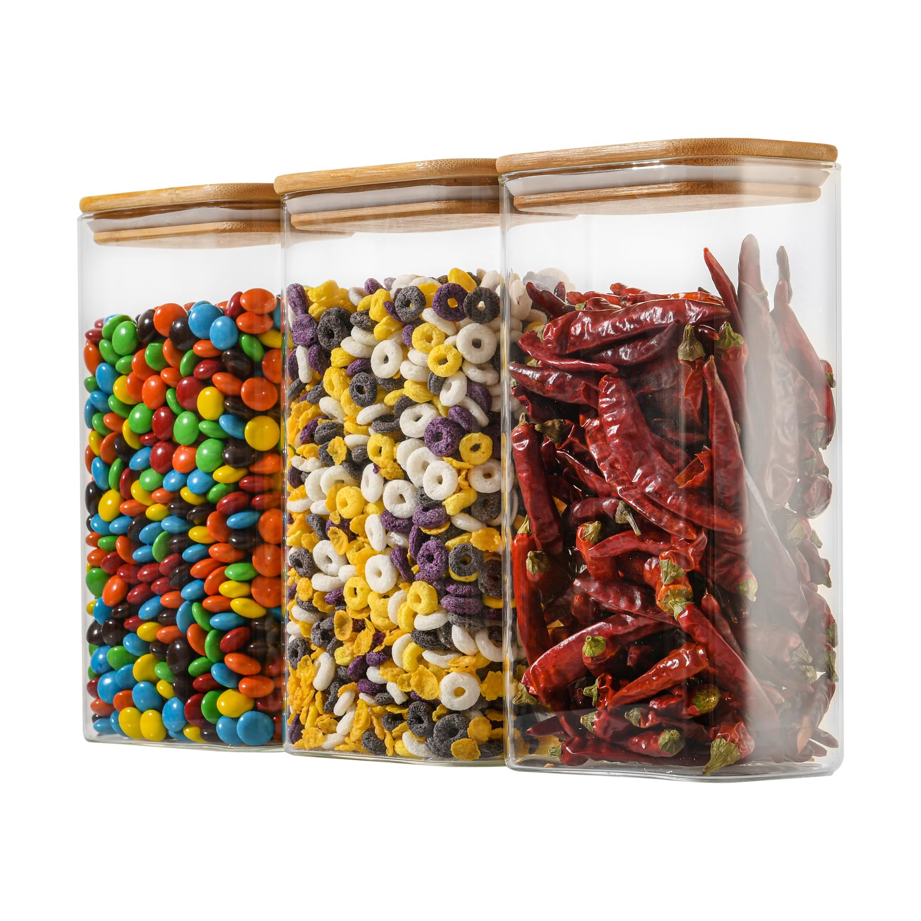 D2scrma 37oz Rectangle Airtight Glass Storage Containers with Bamboo Lids (Set of 6), Square Food Storage Jar, Pantry Organizers for Cereal, Nuts, Snacks and Coffee beans (‎with Black Lable)
