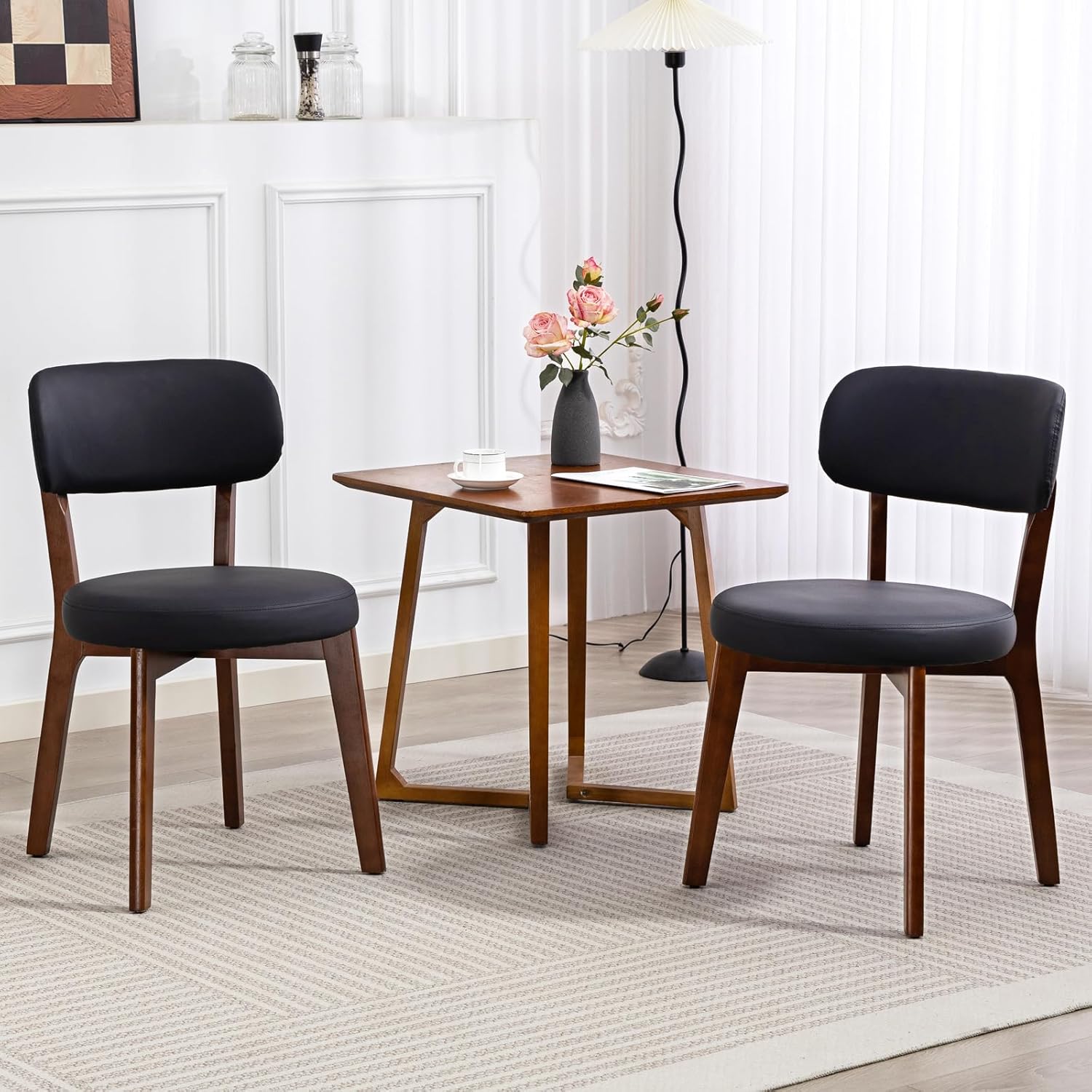 Yilaywain Mid-Century Modern Dining Chairs with Rubberwood Frame, Black Faux Leather Upholstered, 250 LBS Weight Capacity, Anti-Slip Protectors (Black)