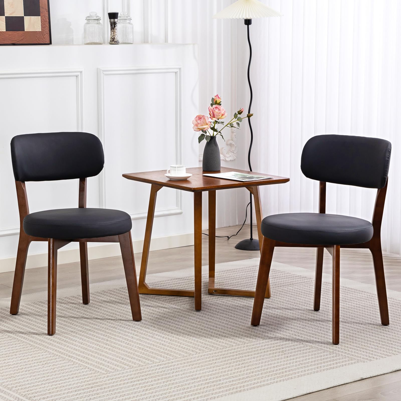 Yilaywain Mid-Century Modern Dining Chairs with Rubberwood Frame, Black Faux Leather Upholstered, 250 LBS Weight Capacity, Anti-Slip Protectors (Black)