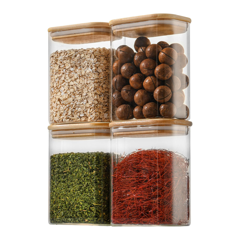 D2scrma 37oz Rectangle Airtight Glass Storage Containers with Bamboo Lids (Set of 6), Square Food Storage Jar, Pantry Organizers for Cereal, Nuts, Snacks and Coffee beans (‎with Black Lable)