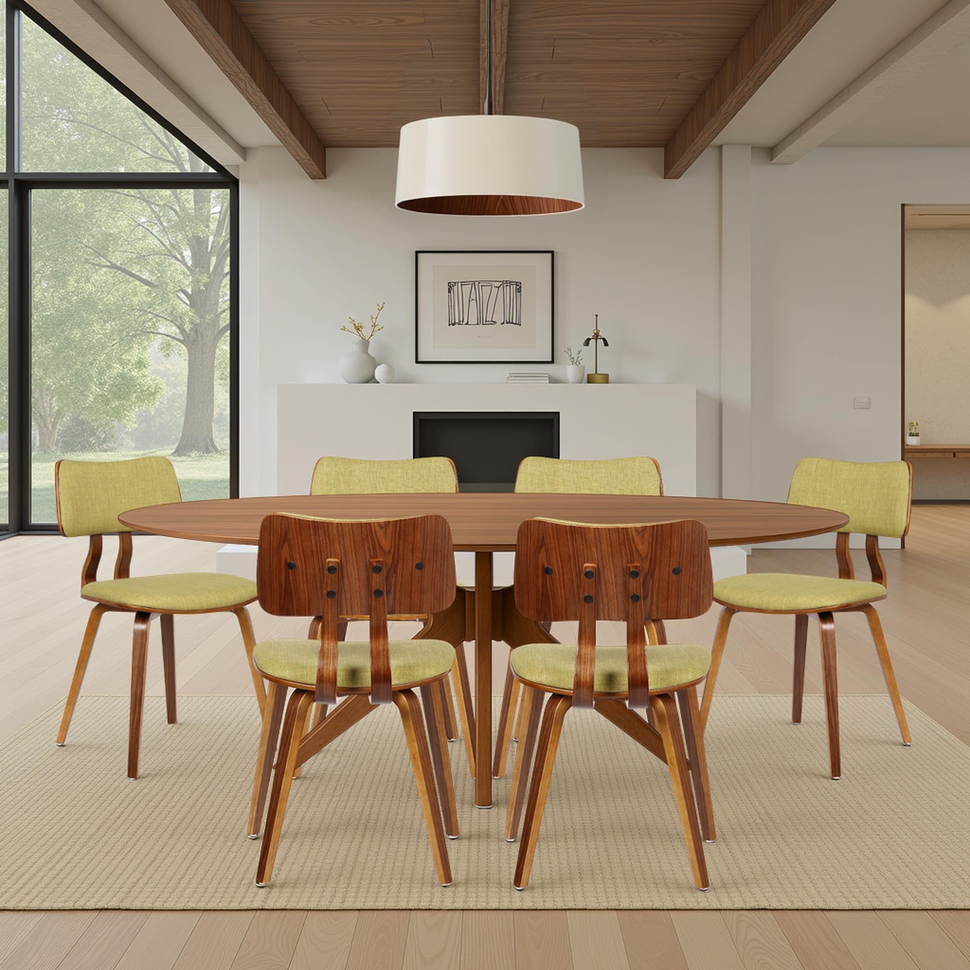 Armen Living Jaguar Mid-Century Dining Chair in Walnut Wood and Green Fabric