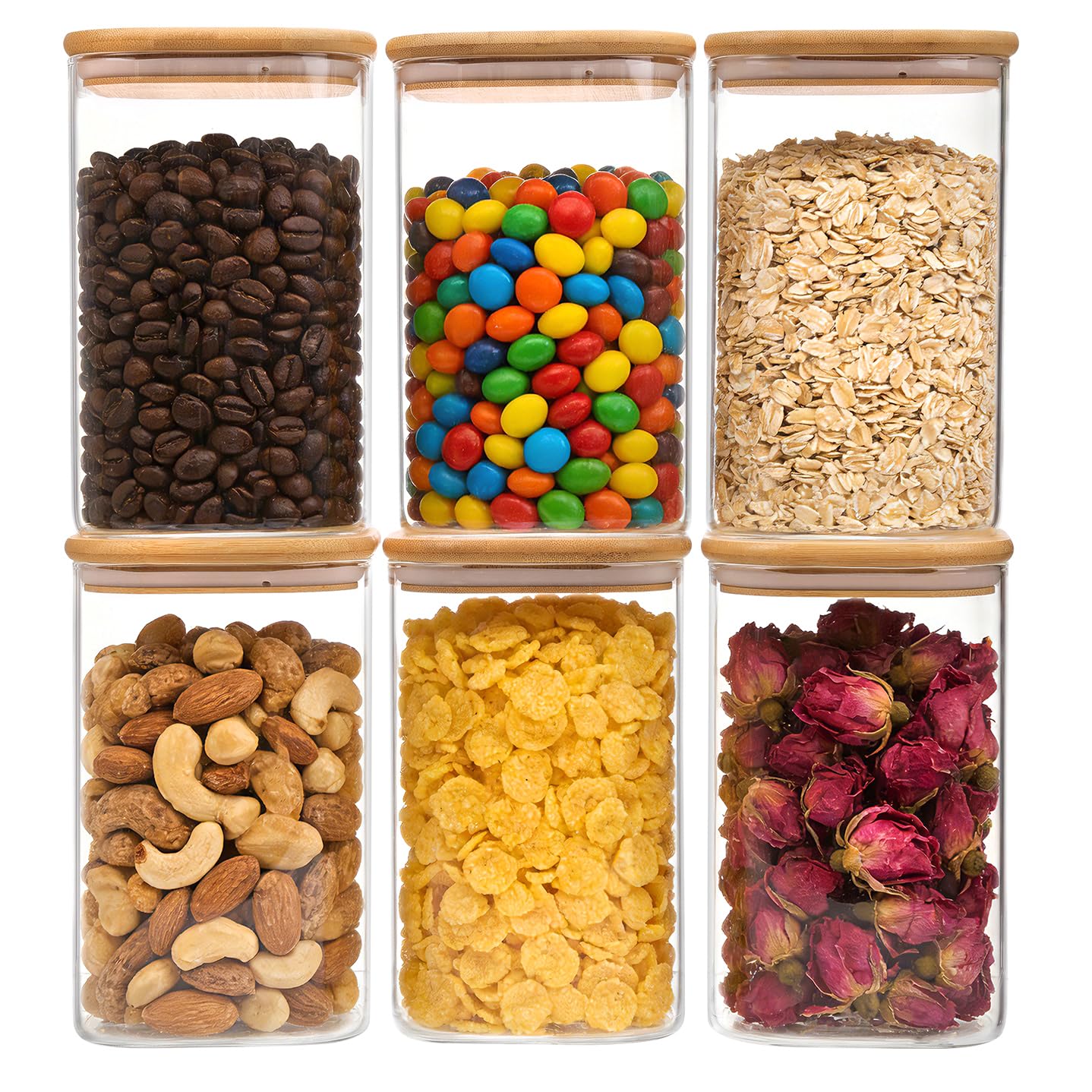 Moretoes 6 Pack 0.6qt Glass Storage Containers with Bamboo Lids, Airtight Food Storage Jars for Pantry, Dry Goods, Flour, Sugar