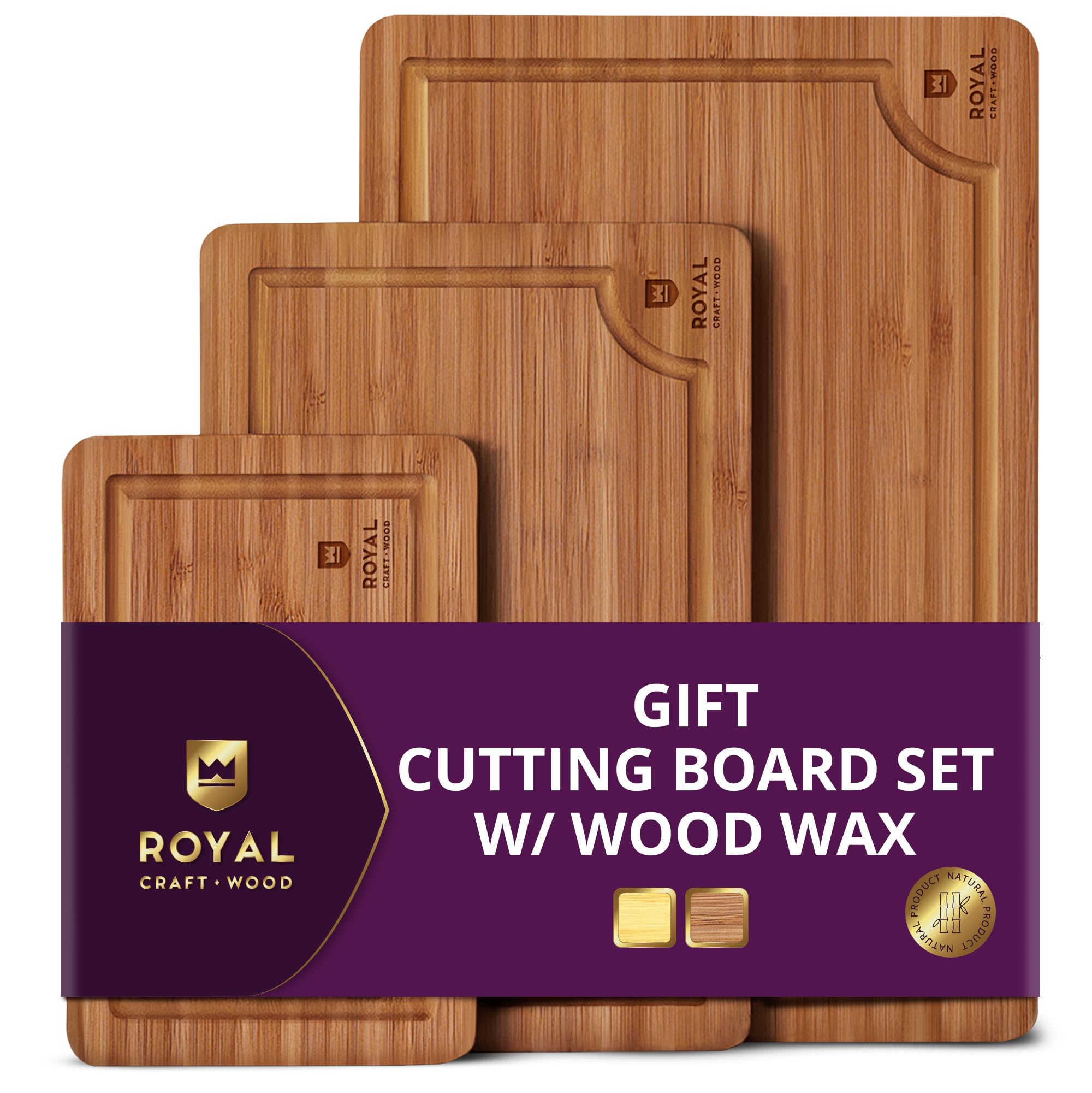 ROYAL CRAFT WOOD Wooden Cutting Boards for Kitchen Meal Prep & Serving - Bamboo Wood Serving Board Set with Deep Juice Groove Side Handles - Charcuterie & Chopping Butcher Block for Meat
