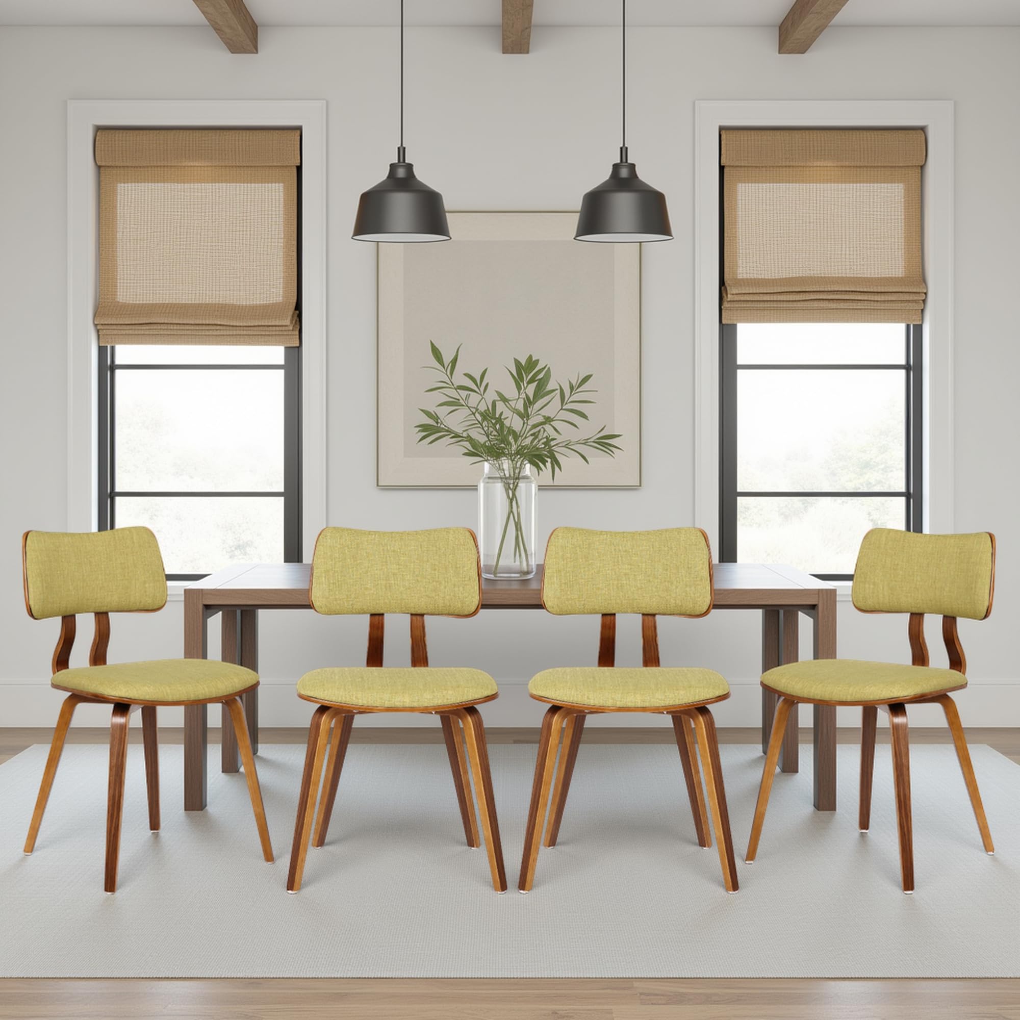 Armen Living Jaguar Mid-Century Dining Chair in Walnut Wood and Green Fabric