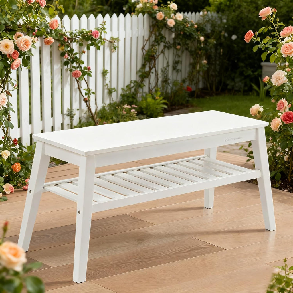 Nnewvante 33.46" White Storage Bench, Bamboo Entryway Bench for Hallway, Living Room, Bedroom, Wood Shoe Rack Wooden Outdoor Bench, Holds up to 300 lbs