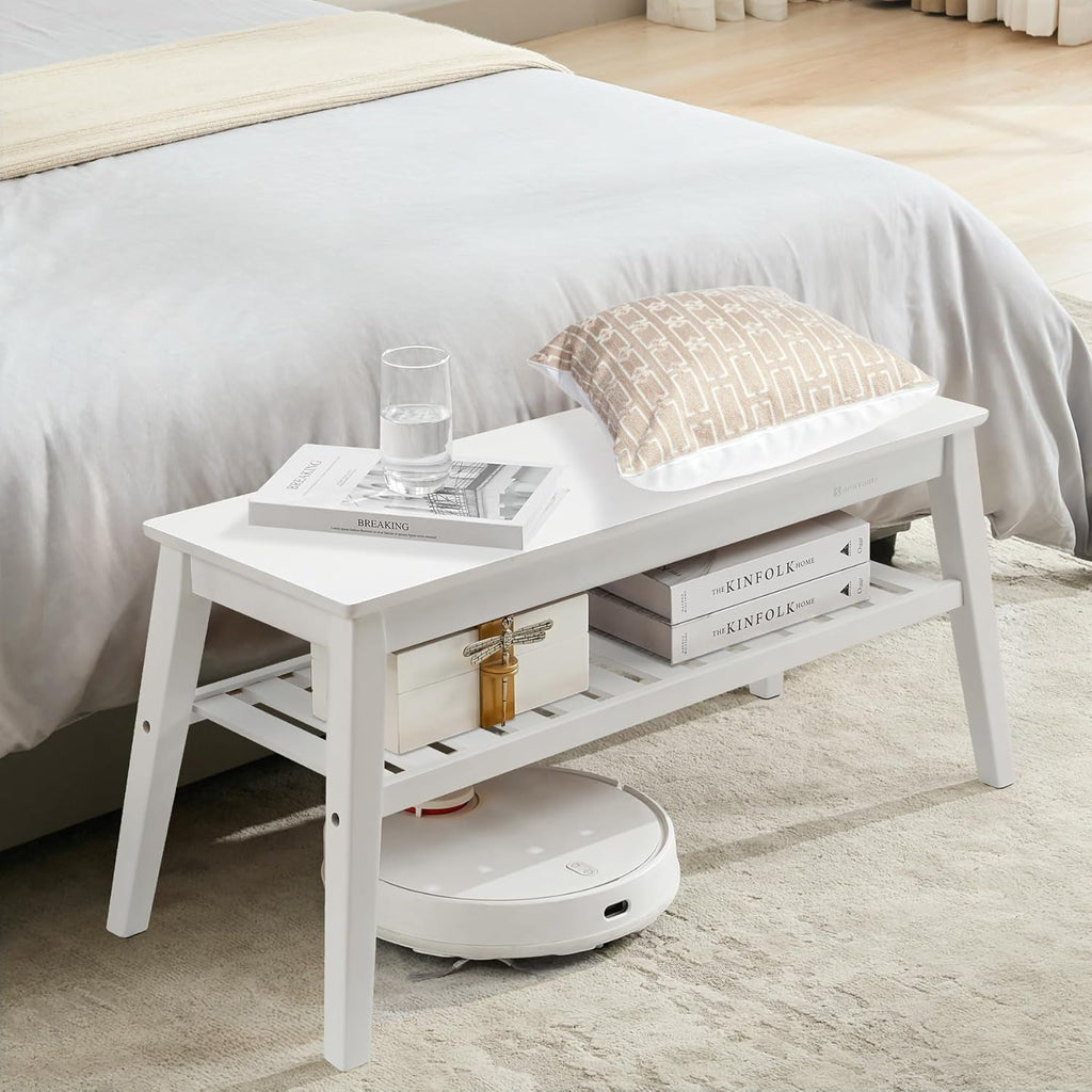 Nnewvante 33.46" White Storage Bench, Bamboo Entryway Bench for Hallway, Living Room, Bedroom, Wood Shoe Rack Wooden Outdoor Bench, Holds up to 300 lbs