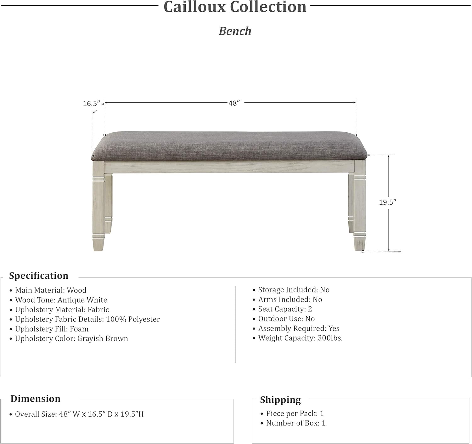 Lexicon Dining Bench with Padded Seat and Wooden Frame, 48" W Entryway Bench, Gray Textured Fabric Upholstered Dining Seat for Kitchen/Living Room, Easy Assembly, Antique White
