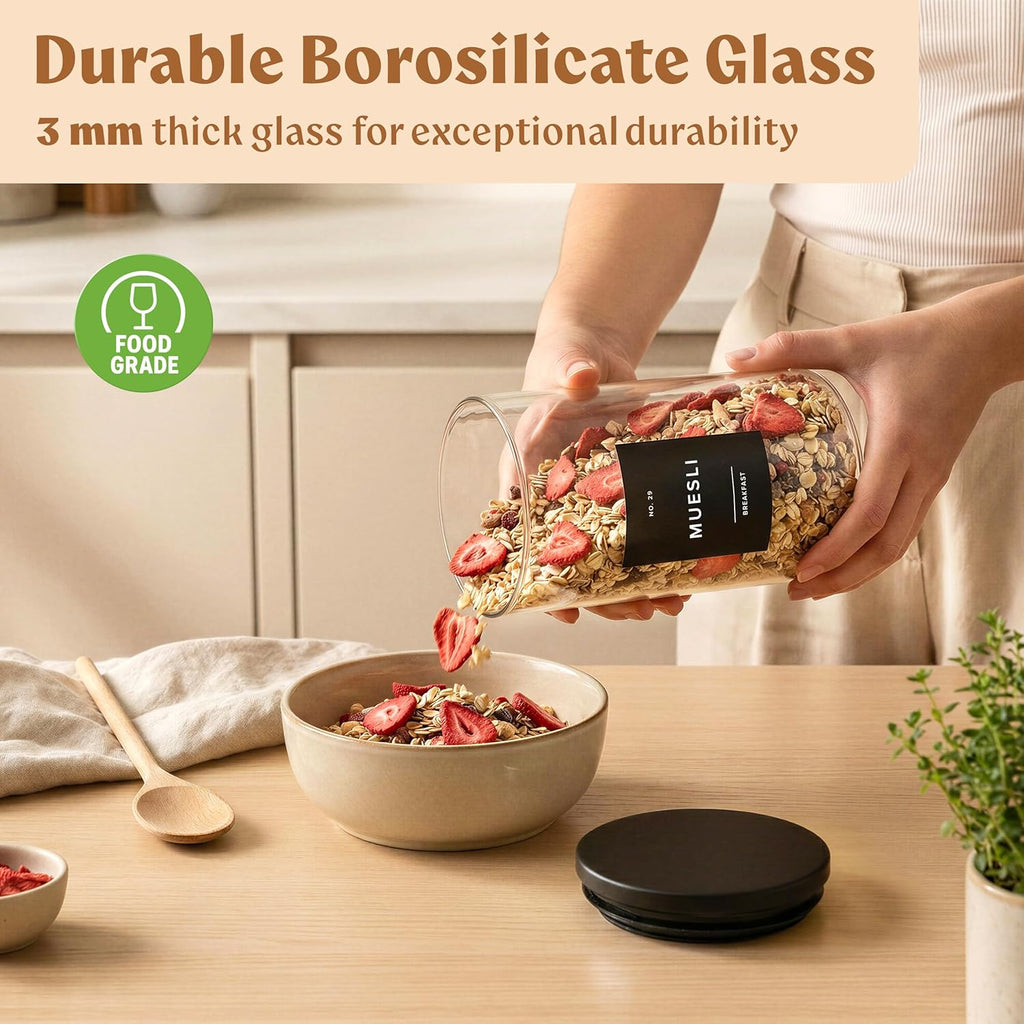 EDELHAUS Glass Storage Containers with Black Lids [Extra Thick Glas] with 54 Labels - Canister For Pantry Noodles Flour Cereal Rice Sugar Tea Coffee Beans - Round Set of 5x