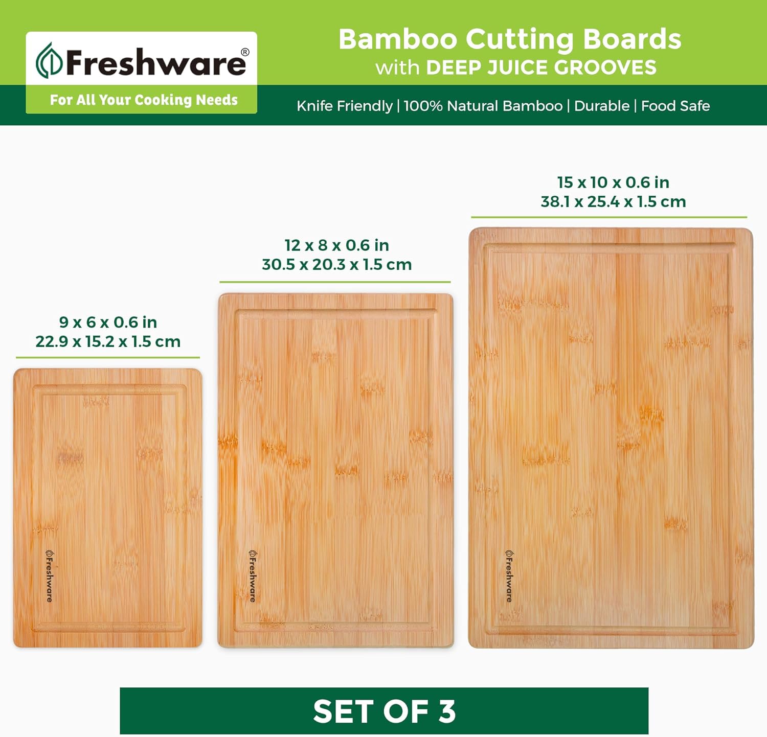 Freshware Wood Cutting Boards for Kitchen - Bamboo Cutting Board Set of 3, Cutting Boards with Juice Grooves, Serving Board Set, Chopping Board for Meat, Veggie, Easy Grip Handle (9x6", 12x8", 15x10")