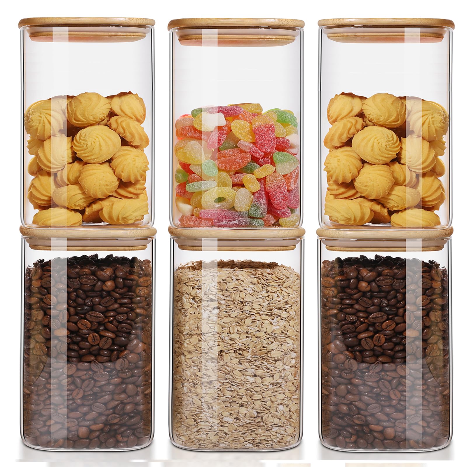 Glass Food Storage Jars 37 oz Set of 6,Glass Storage Containers Clear Glass Food Canister with Bamboo Lid Airtight For Serving Tea, Coffee, Flour, Sugar, Candy, Cookie, Spice and More (Square)