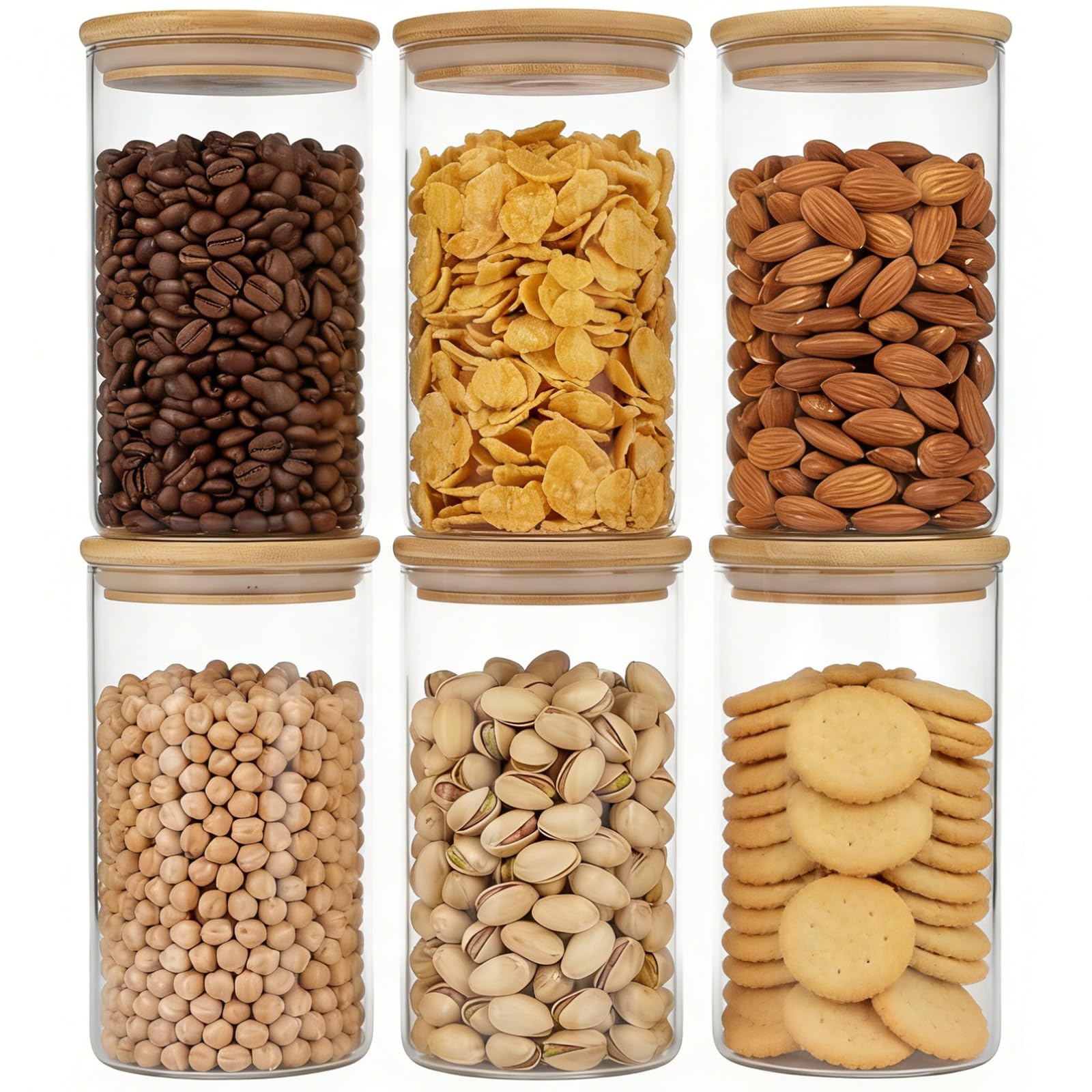 Moretoes 6 Pack 0.6qt Glass Storage Containers with Bamboo Lids, Airtight Food Storage Jars for Pantry, Dry Goods, Flour, Sugar