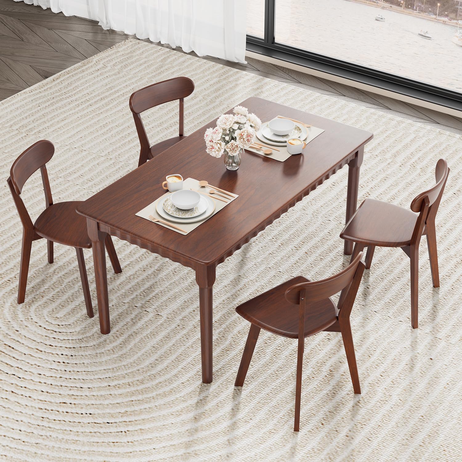 Solid Wood Dining Chairs Set of 2, Mid Century Modern Dining Room Chairs with Curved Backrest, Wooden Armless Kitchen Chairs for Dining Room, Space Saving, Black