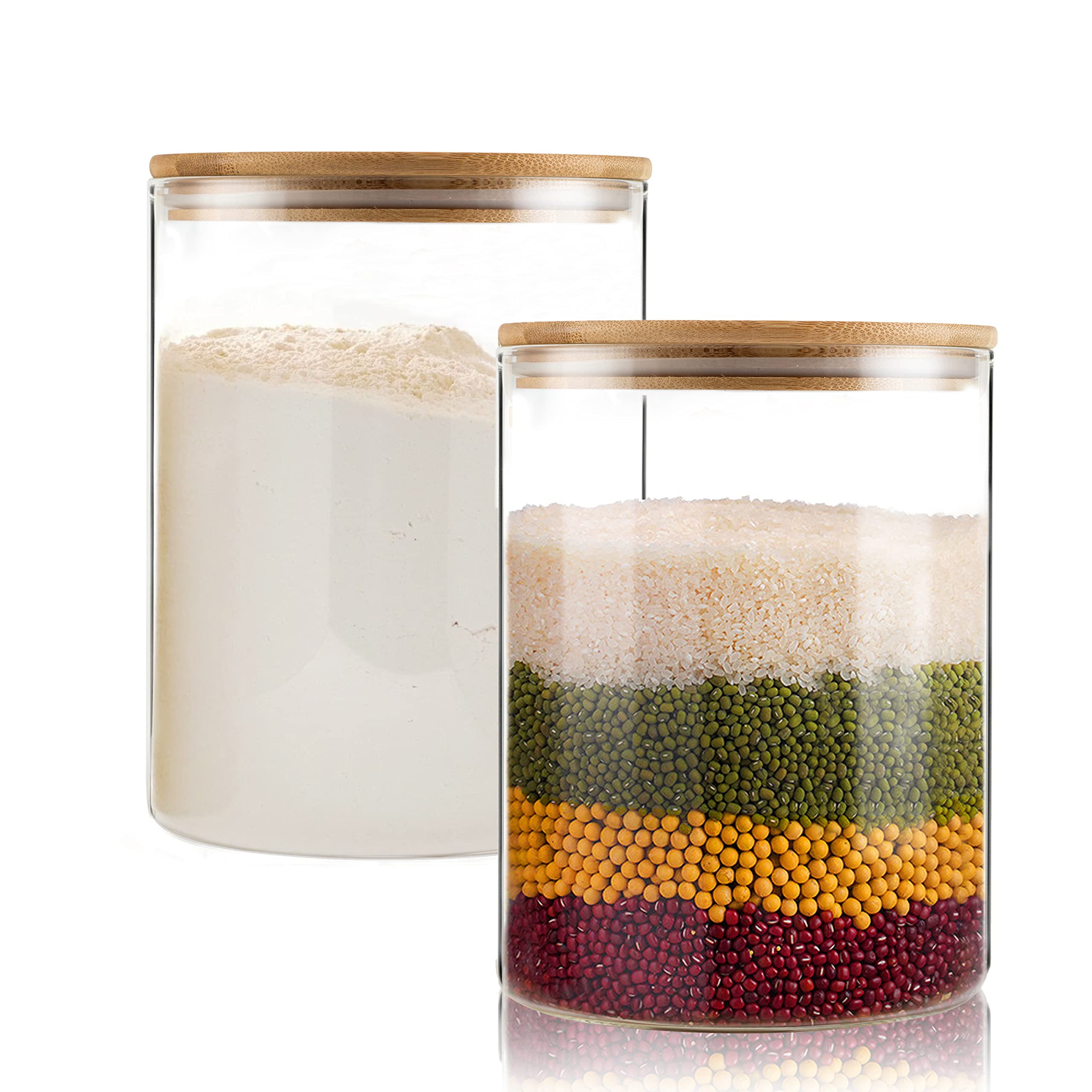 Glass Food Storage Jars 37 oz Set of 6,Glass Storage Containers Clear Glass Food Canister with Bamboo Lid Airtight For Serving Tea, Coffee, Flour, Sugar, Candy, Cookie, Spice and More (Square)