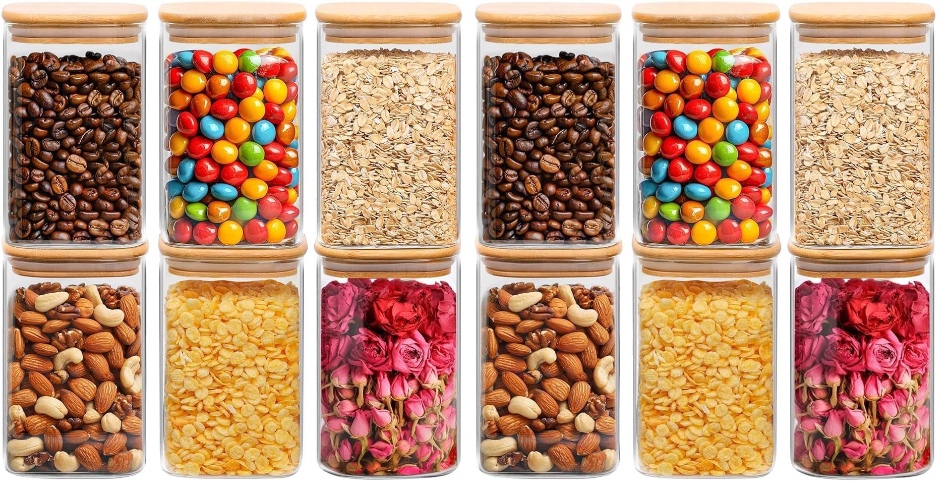 ComSaf Airtight Glass Storage Canister with Lids (0.7Qt/1.2Qt/1.6Qt) Set of 6, Food Storage Container Kitchen Pantry Storage Jar, Glass Jars for Flour Cereal Sugar Tea Coffee Beans Snacks, Square