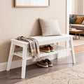 Nnewvante 33.46" White Storage Bench, Bamboo Entryway Bench for Hallway, Living Room, Bedroom, Wood Shoe Rack Wooden Outdoor Bench, Holds up to 300 lbs