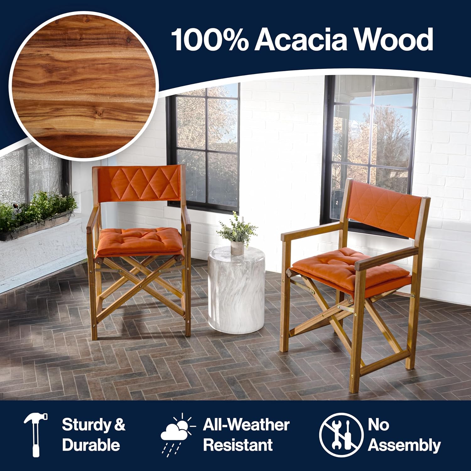 JONATHAN Y DRC1002B-SET2 Waldo Classic Mid-Century Outdoor Acacia Wood Foldable Diamond-Quilted Back Director Chair with Cushion Modern, Vintage, Bohemian, Coastal, Orange/Teak Brown (Set of 2)