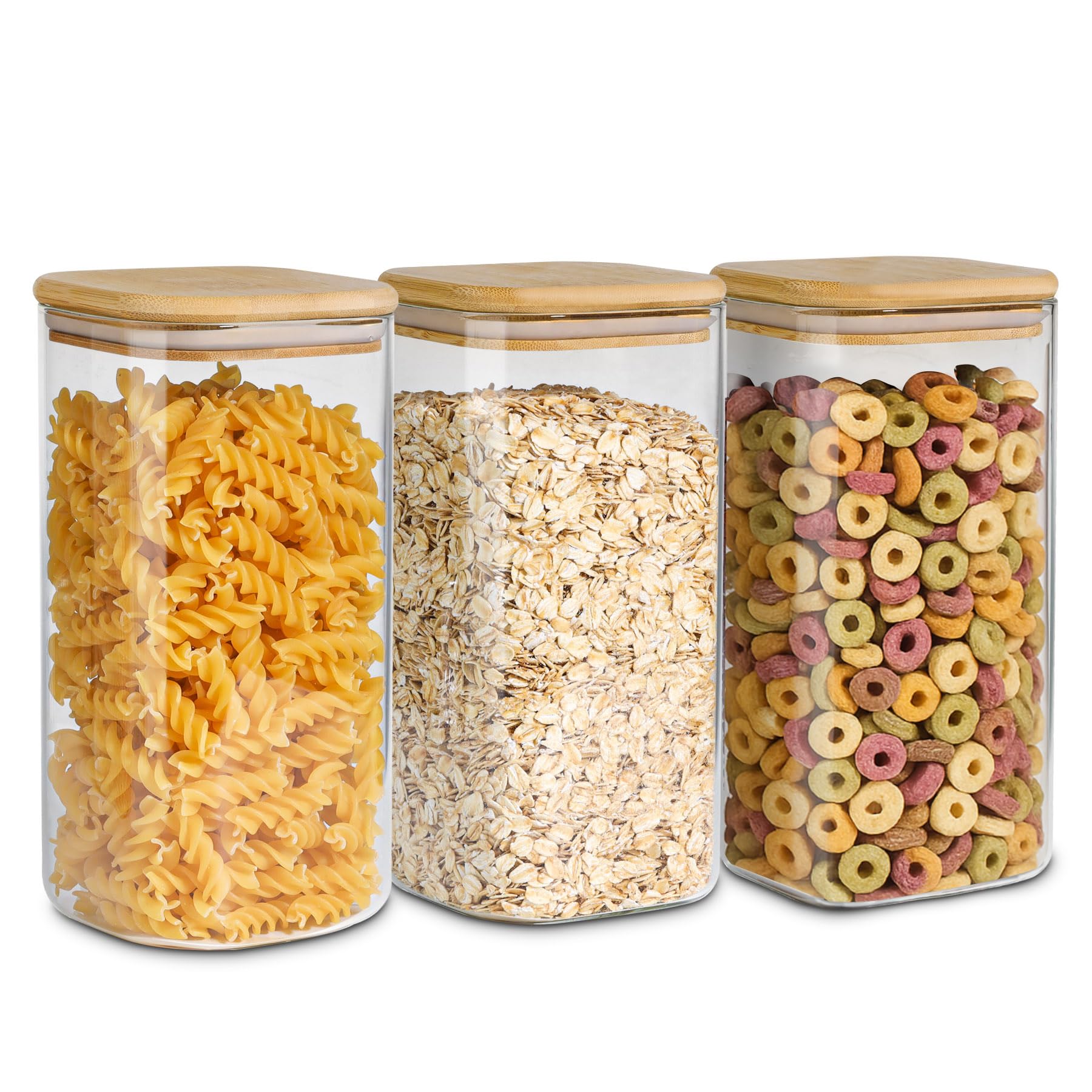 ComSaf 1.2 Qt Glass Storage Containers with Lids, Glass Jars with Lids, Clear Food Storage Jar, Square Canister Set of 9, Pantry Organizers and Storage for Cookie Flour Oat Pasta Tea Coffee Bean