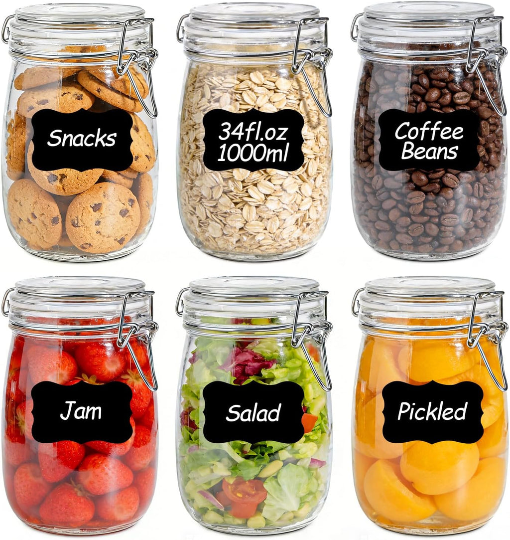 34oz 6 Pack Glass Jars with Airtight Lids - Round Food Storage Canisters for Pantry Organization, Ideal for Sugar, Cookies, Candy, Coffee, Nuts & Dry Goods | Thick Glass,BPA-Free