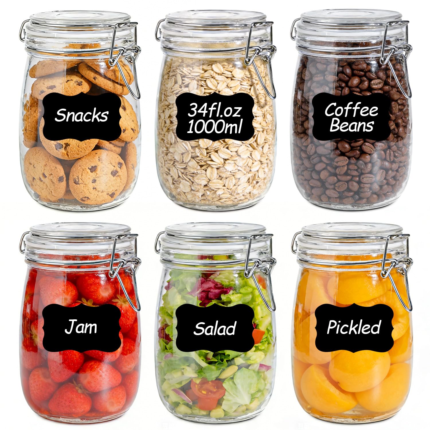 34oz 6 Pack Glass Jars with Airtight Lids - Round Food Storage Canisters for Pantry Organization, Ideal for Sugar, Cookies, Candy, Coffee, Nuts & Dry Goods | Thick Glass,BPA-Free