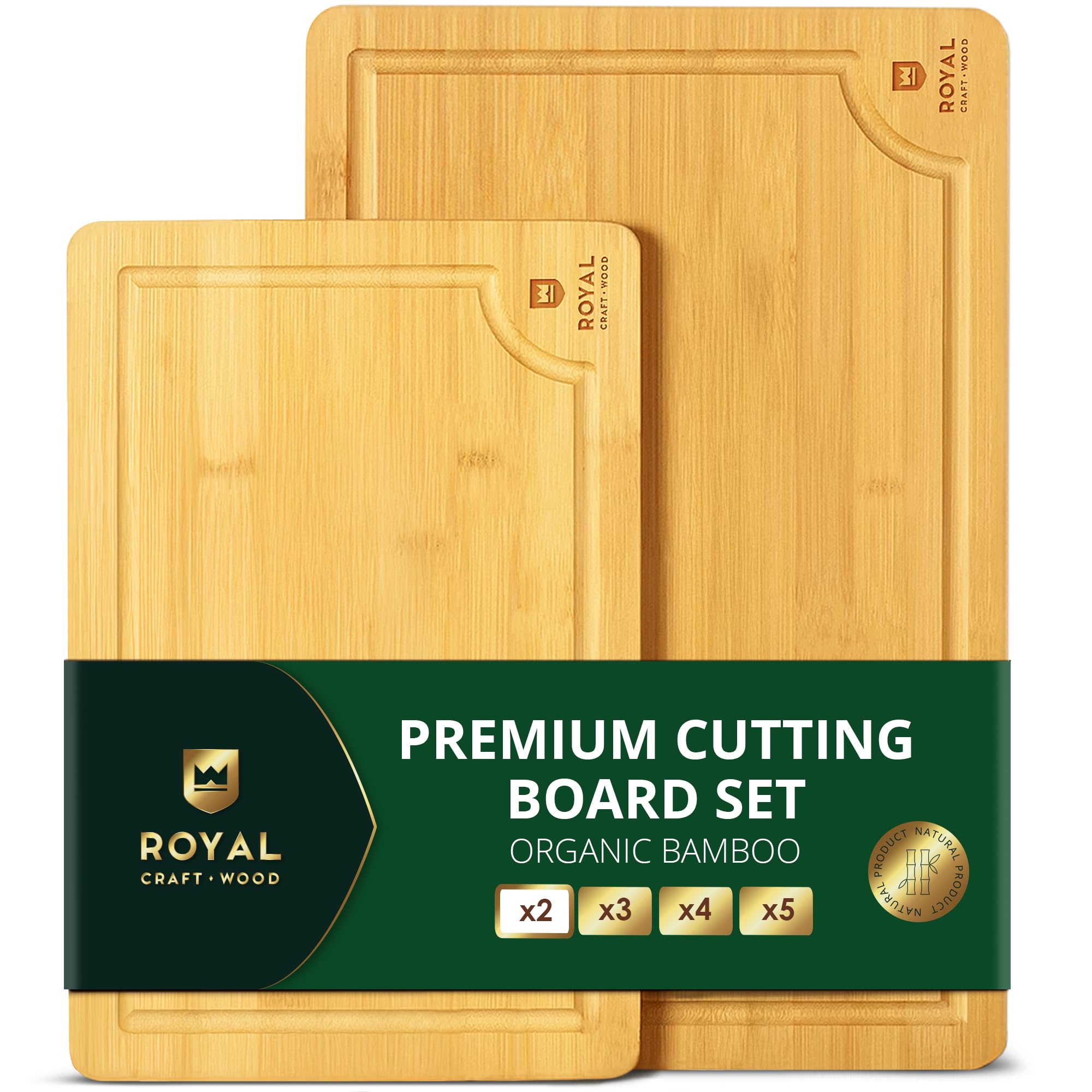 ROYAL CRAFT WOOD Wooden Cutting Boards for Kitchen Meal Prep & Serving - Bamboo Wood Serving Board Set with Deep Juice Groove Side Handles - Charcuterie & Chopping Butcher Block for Meat