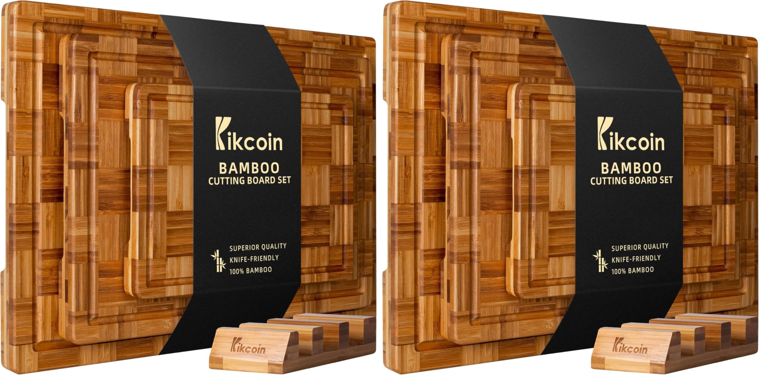 Kikcoin Extra Large Bamboo Cutting Boards, (Set of 3) Chopping Boards with Juice Groove Bamboo Wood Cutting Board Set Butcher Block for Kitchen, End Grain Serving Tray