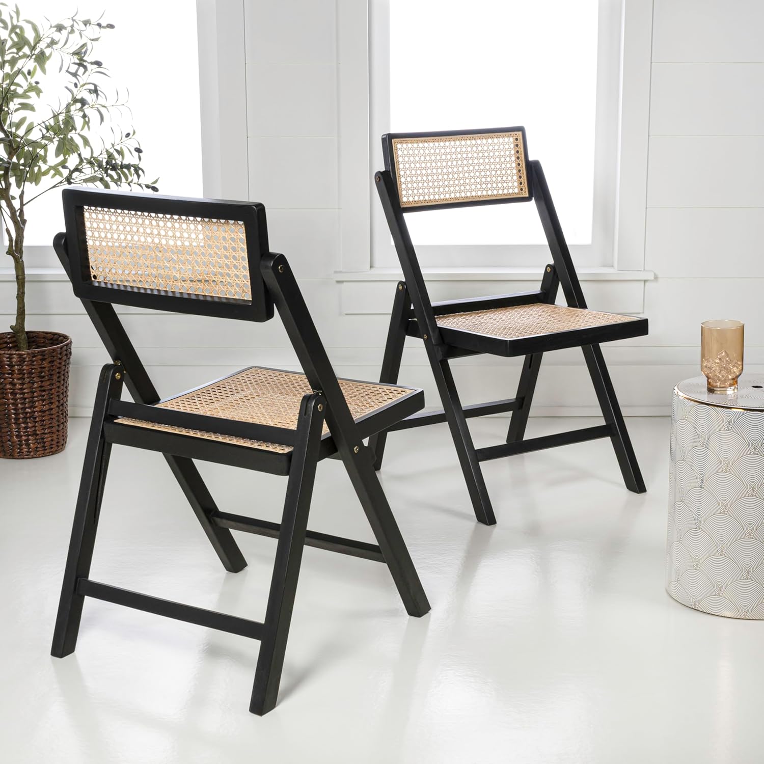 JONATHAN Y Mid-Century Vintage Wood Rattan Folding Chair, Foldable Dining Accent Seat for Living Room, Set of 2, Black (FLD1000C-SET2)