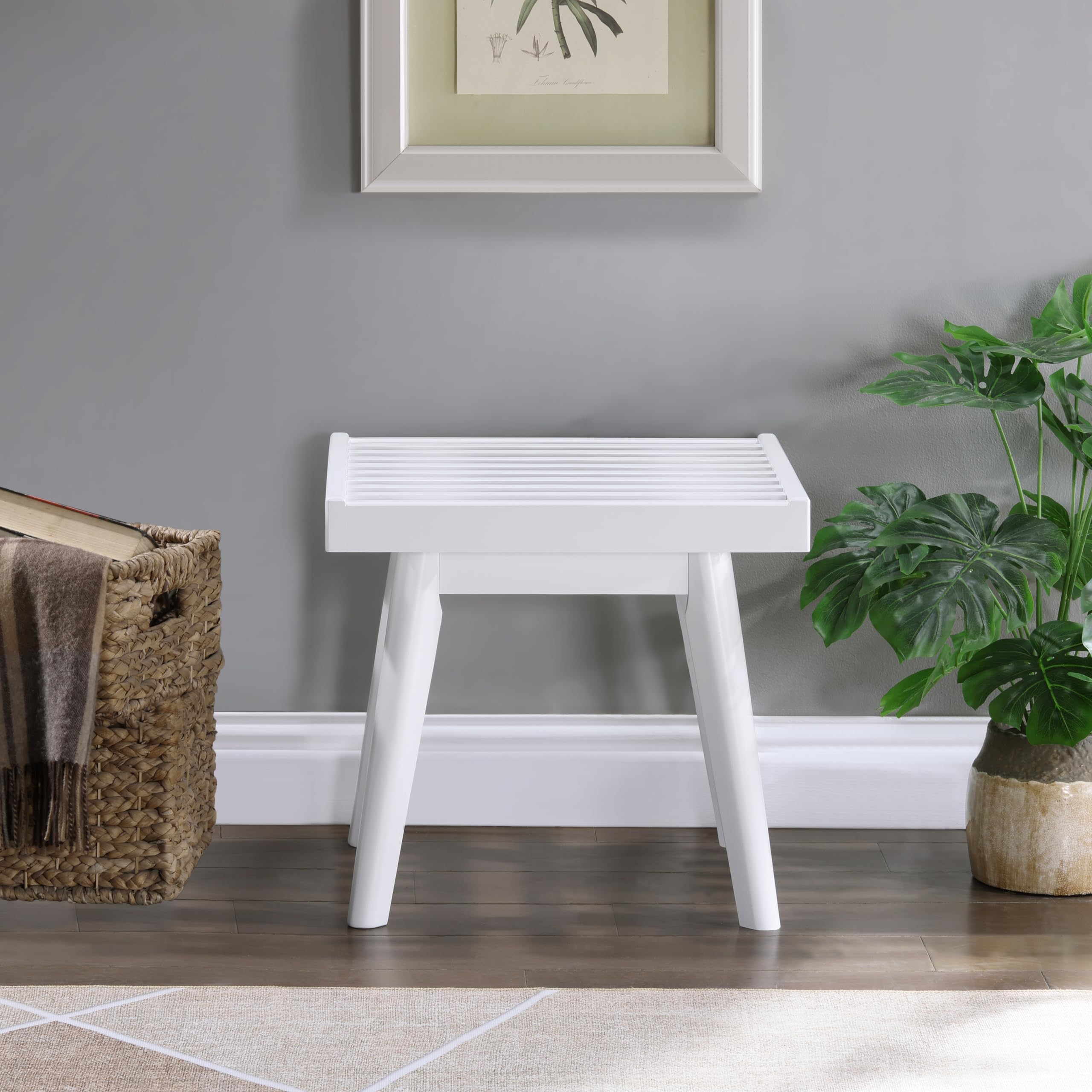Roundhill Furniture Larwich Solid Wood Slatted Bench, 56.30-Inch Long, White