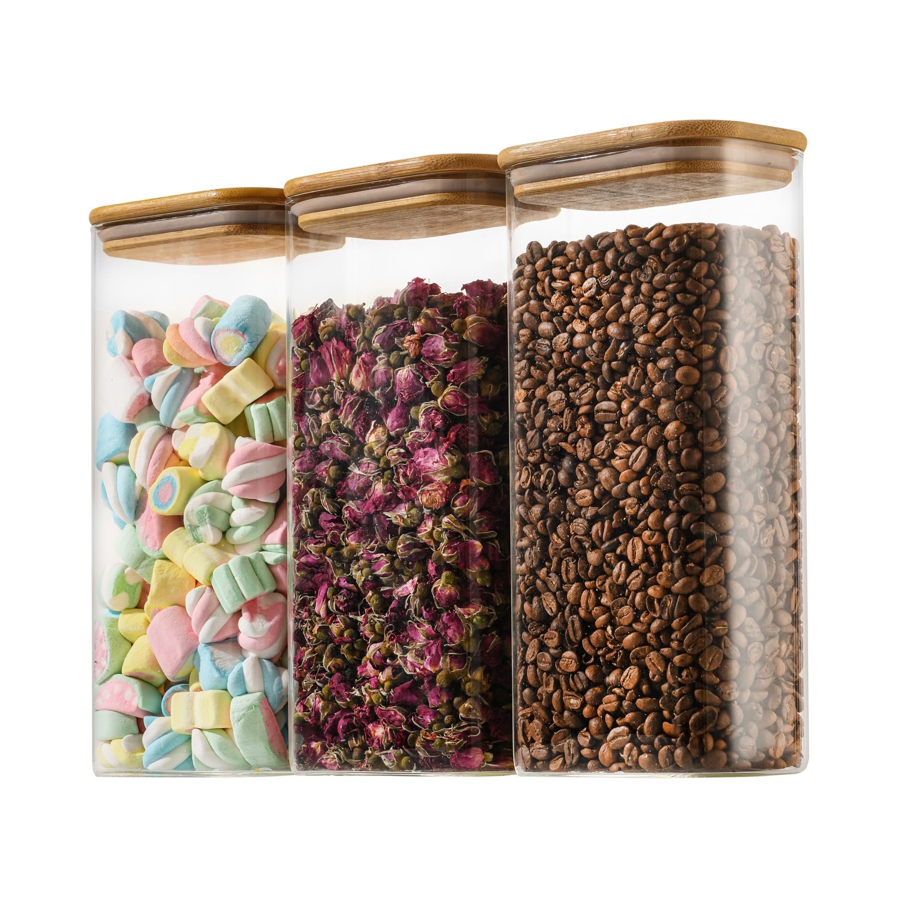 D2scrma 37oz Rectangle Airtight Glass Storage Containers with Bamboo Lids (Set of 6), Square Food Storage Jar, Pantry Organizers for Cereal, Nuts, Snacks and Coffee beans (‎with Black Lable)