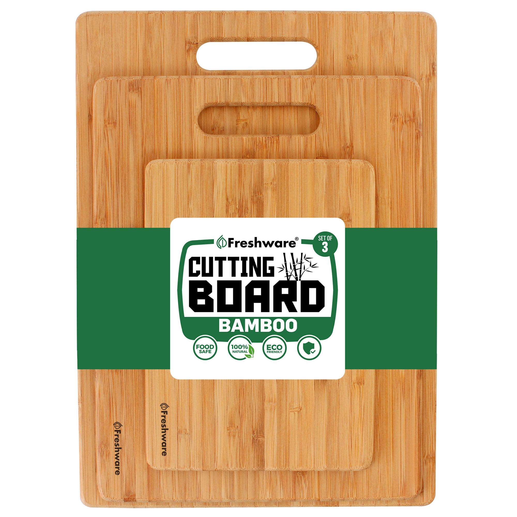Freshware Wood Cutting Boards for Kitchen - Bamboo Cutting Board Set of 3, Cutting Boards with Juice Grooves, Serving Board Set, Chopping Board for Meat, Veggie, Easy Grip Handle (9x6", 12x8", 15x10")