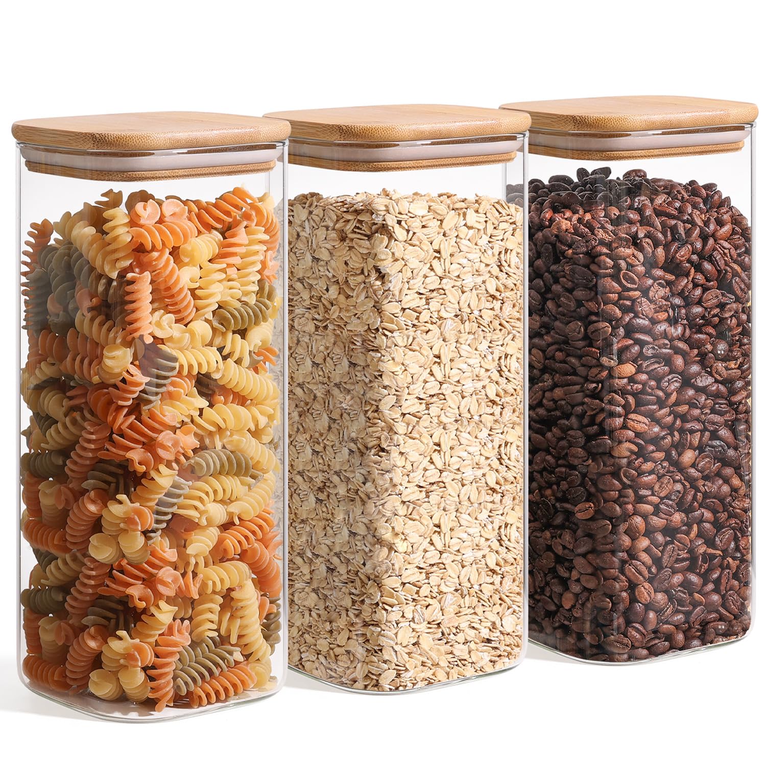 ComSaf 1.2 Qt Glass Storage Containers with Lids, Glass Jars with Lids, Clear Food Storage Jar, Square Canister Set of 9, Pantry Organizers and Storage for Cookie Flour Oat Pasta Tea Coffee Bean