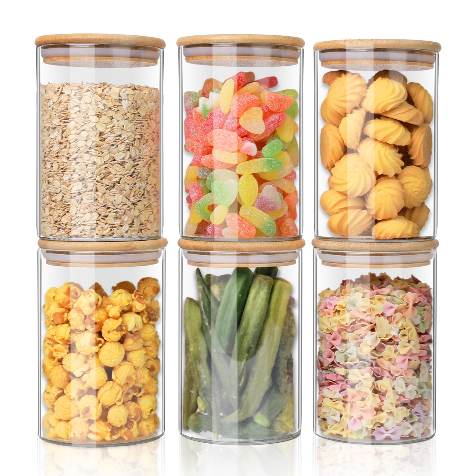 YUNCANG Glass Storage Jars 6 Pack 37oz Clear Glass Food Storage Containers with Airtight Bamboo Lid Stackable Kitchen Canisters for Candy,Cookie,Rice,Sugar,Flour,Pasta,Nuts and Spice Jars(Square)