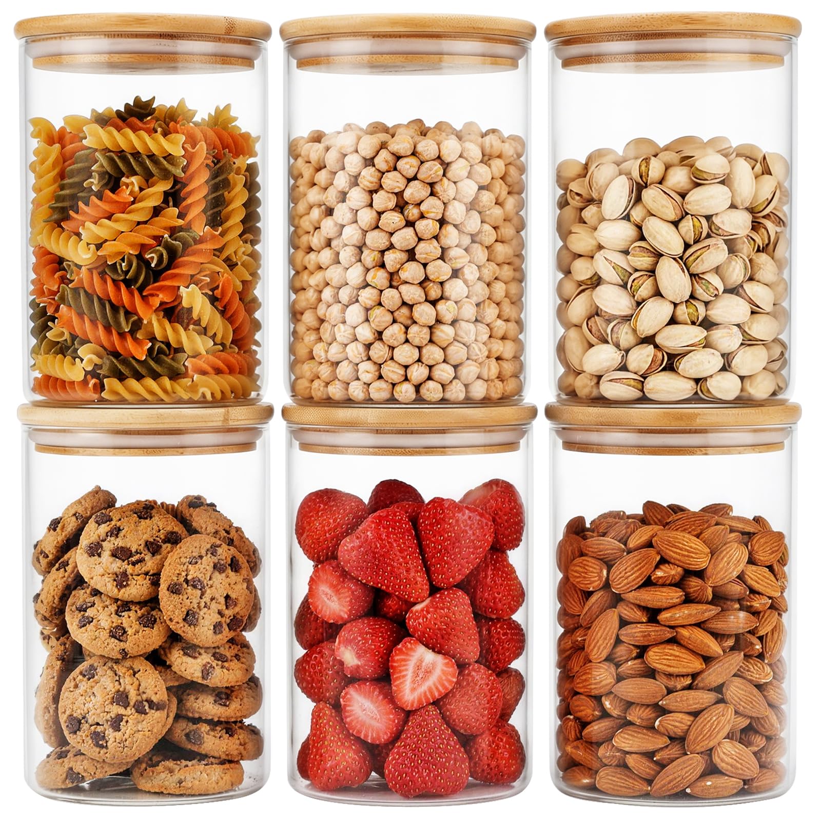 Moretoes 6 Pack 0.6qt Glass Storage Containers with Bamboo Lids, Airtight Food Storage Jars for Pantry, Dry Goods, Flour, Sugar