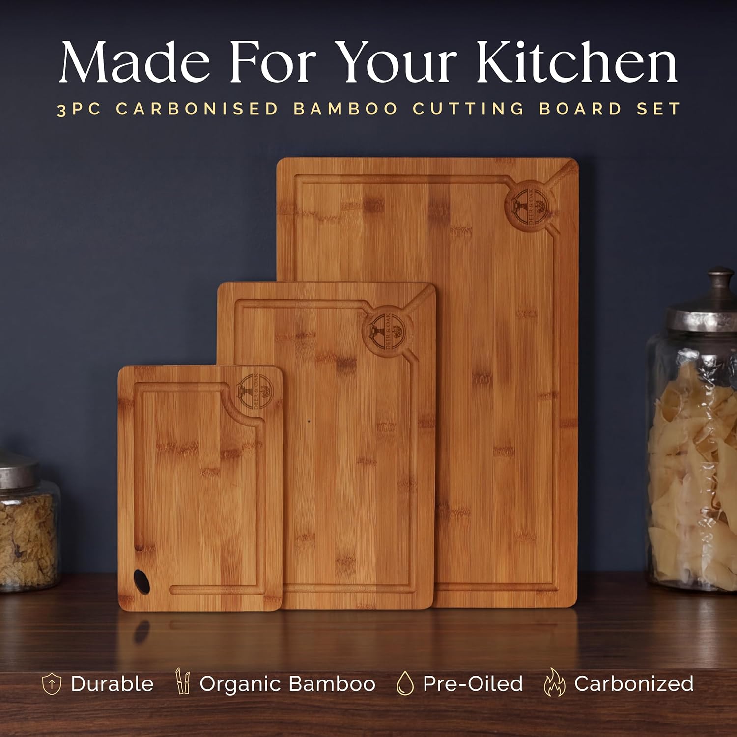 Pre-Oiled, Non Toxic 3-Piece Carbonized Bamboo Cutting Board Set, Eco-Friendly Wooden Chopping Boards for Kitchen with Hanging Hole, 500°F Carbonized Technology Charcuterie Serving Boards Deer & Oak