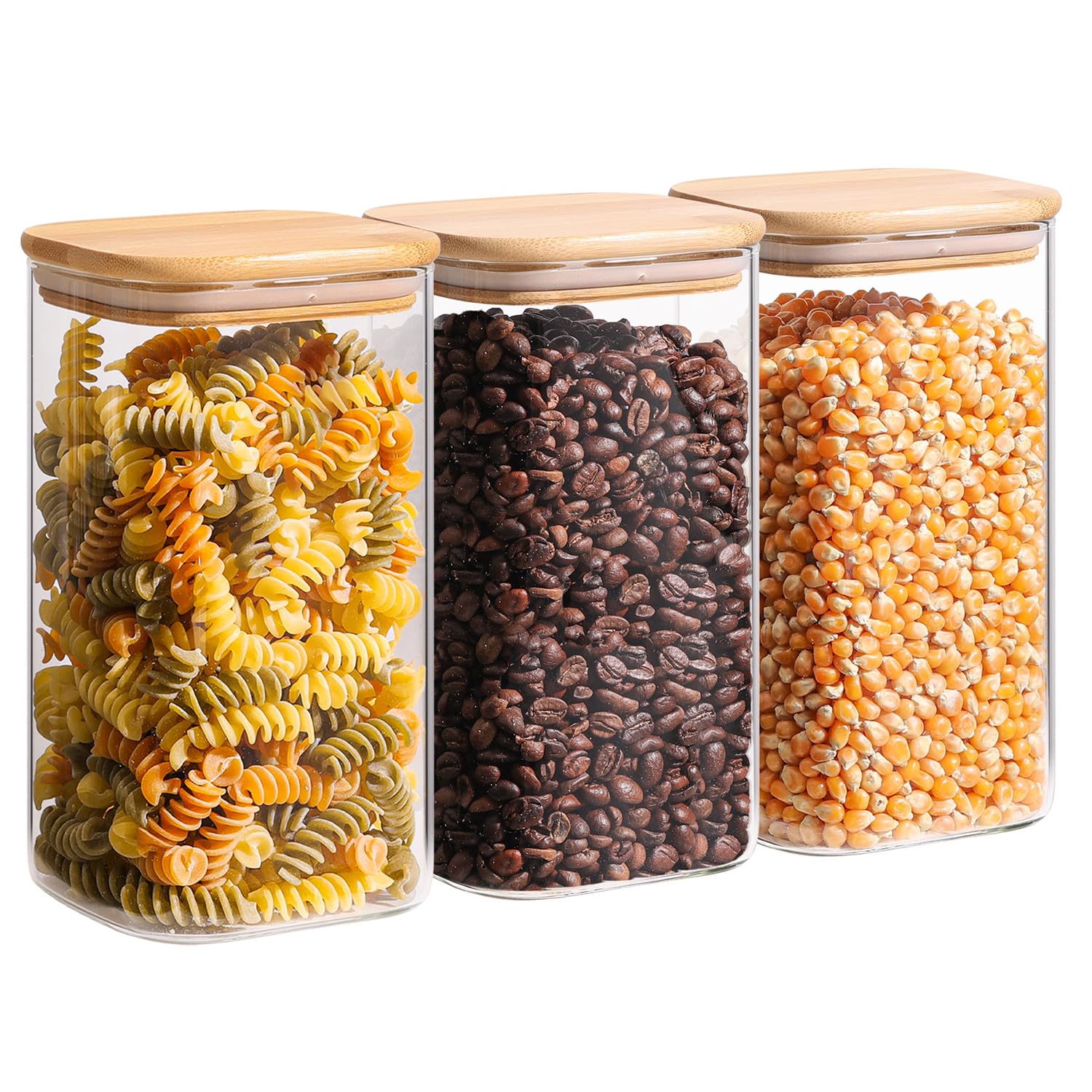 ComSaf Airtight Glass Storage Canister with Lids (0.7Qt/1.2Qt/1.6Qt) Set of 6, Food Storage Container Kitchen Pantry Storage Jar, Glass Jars for Flour Cereal Sugar Tea Coffee Beans Snacks, Square